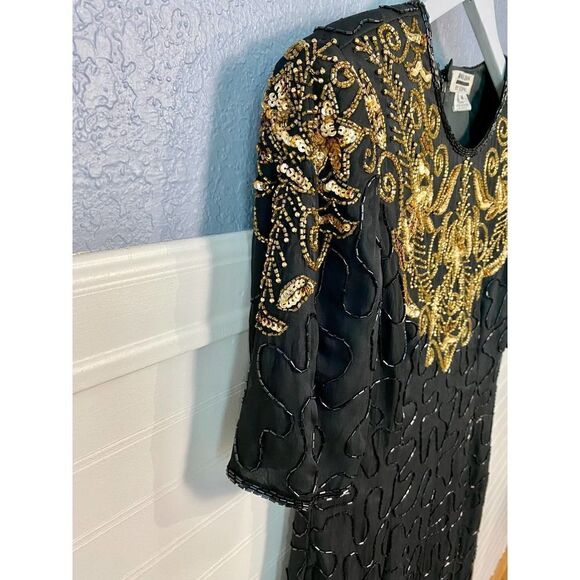 Mark & John By Gopal Black Sheer Beaded Gold Embroidered Dress Medium - Picture 5 of 13
